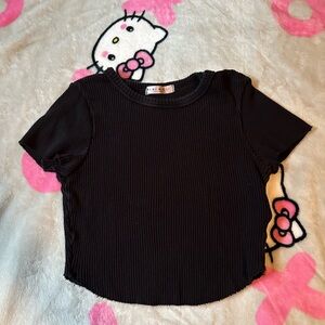 Women’s “blue blush” black striped cropped short sleeve T shirt size small